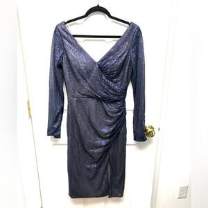 René Ruiz Sequin Party Dress Navy Blue Taupe Lining Ruched V Neck, Size 4